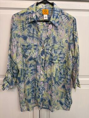 Ruby Rd. Blue Green Tie-Dye Button Front Shirt. Lightweight colorful Long size M